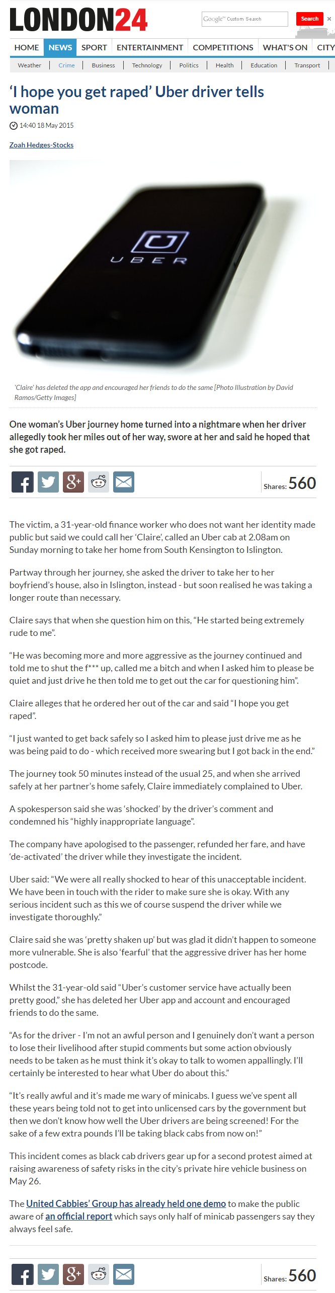 ‘I hope you get raped’ Uber driver tells woman   Crime   London 24